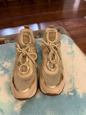Michael Kors Olympia Glitter Chain-Mesh and Leather Sneakers with Gold Accents